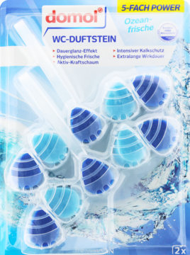 Domol WC-DUFTSTEIN Ozean-frische, blister z 10 owalnymi, niebieskimi kostkami do WC, widok z przodu.