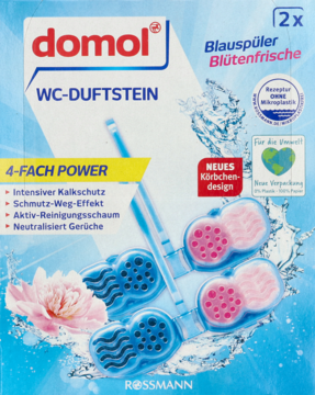 Opakowanie domol WC-DUFTSTEIN Blauspüler Blütenfrische 2x, z dwoma niebiesko-różowymi kostkami do WC, widok przód.