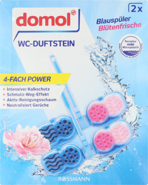 Domol Kostki WC Świeżość Kwiatów, 2 szt., niebiesko-różowe. Opakowanie, widok z przodu.