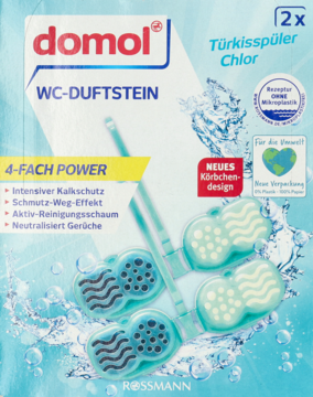 Domol WC-DUFTSTEIN, podwójne opakowanie turkusowych kostek WC z chlor, 4-fach Power, widok z przodu.
