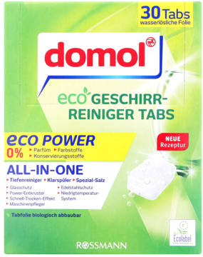 Domol eco Geschirrreiniger Tabs 30 sztuk, zielone pudełko All-in-One z tabletką, widok z przodu.