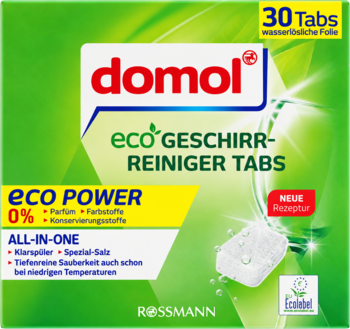 Zielone opakowanie Domol Eco Geschirr-Reiniger Tabs, 30 szt., bez barwników i zapachów, widok z przodu.