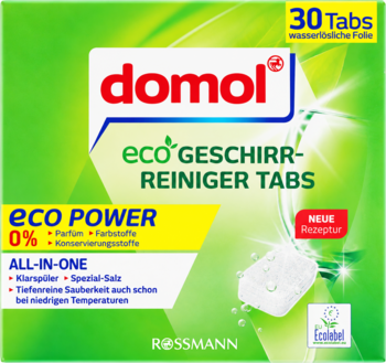 Front zielonego pudełka Domol Eco tabletek do zmywarki 30 szt., bez substancji zapachowych, z białą tabletką.