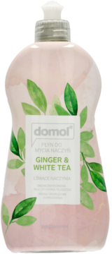 domol płyn do mycia naczyń Ginger & White Tea, różowa butelka z zielonymi liśćmi, widok z przodu.