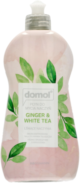 domol płyn do mycia naczyń Ginger & White Tea, różowa butelka z zielonymi liśćmi, widok z przodu.