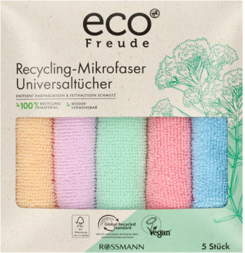 Eco Freude, 5 uniwersalnych ściereczek z recyklingu, kolorowe mikrofibry widoczne przez okienko opakowania.
