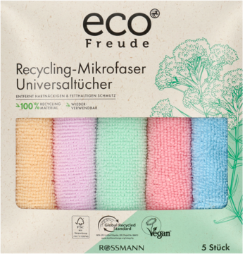Eco Freude, 5 uniwersalnych ściereczek z recyklingu, kolorowe mikrofibry widoczne przez okienko opakowania.