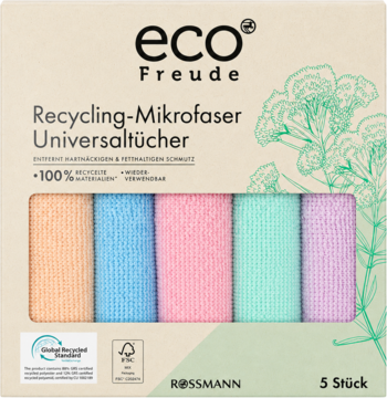Pudełko Eco Freude z 5 ściereczkami z mikrofibry, 100% recykling. Różne kolory: pomarańcz, błękit, róż, mięta, lawenda.