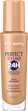 Beżowy podkład Miss Sporty Perfect to Last 24H SPF 20 w przezroczystej butelce, widok z przodu.