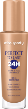 Miss Sporty Perfect to Last 24H, matujący podkład SPF20, beżowa butelka z pompką, widok z przodu.