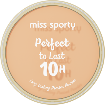 Matujący puder prasowany Miss Sporty Perfect to Last 10H, okrągła beżowa puderniczka, widok z góry.