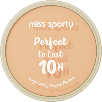Matujący puder prasowany Miss Sporty Perfect to Last 10H, okrągła beżowa puderniczka, widok z góry.