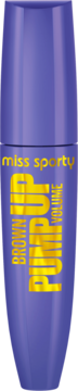 Fioletowy tusz Miss Sporty Pump Up Brown Volume, smukła tubka z błyszczącym złotym napisem, widok z przodu.