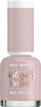 Lakier Miss Sporty Naturally Perfect, jasnoróżowy, w butelce z nakrętką w białe kropki, widok z przodu.