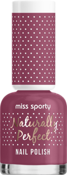 Miss Sporty Naturally Perfect Nail Polish w kolorze głębokiego różu, z nakrętką w białe kropki, widok z przodu.