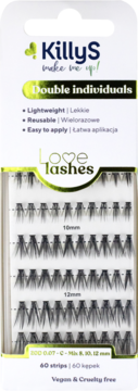 KillyS Love Lashes Double individuals, kępki sztucznych rzęs 10 i 12mm w białym opakowaniu, widok z przodu.