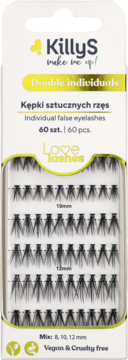 KillyS Individual false eyelashes, 60 clusters in 8, 10, 12mm mix, in a white and yellow box, front view.