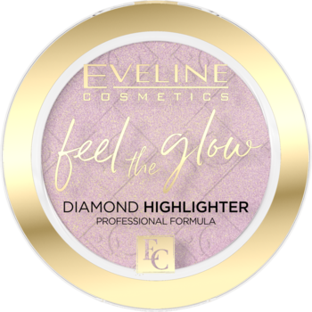 Eveline Feel The Glow Diamond Highlighter w okrągłym różowo-złotym kompakcie, widok z góry.