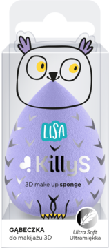 Fioletowa gąbeczka do makijażu Lisa KillyS 3D Ultra Soft w opakowaniu z główką sowy, widok z przodu.