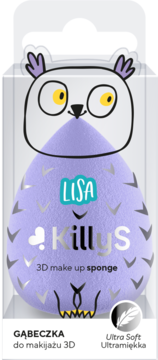 Fioletowa gąbeczka do makijażu Lisa KillyS 3D Ultra Soft w opakowaniu z główką sowy, widok z przodu.