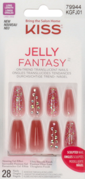 KISS Jelly Fantasy długie, różowo-czerwone półprzezroczyste paznokcie żelowe z brokatem i kamyczkami, widok z przodu.