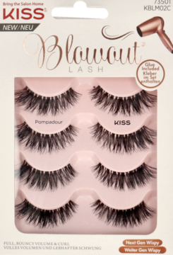 KISS Blowout Lash, four pairs of black full volume false eyelashes in a pink retail package, front view.