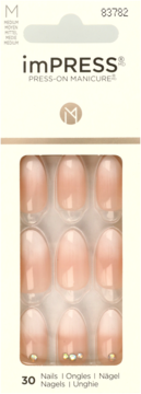 imPRESS Press-on Manicure, 30 samoprzylepnych paznokci w odcieniach nude ombre, z kryształkami.