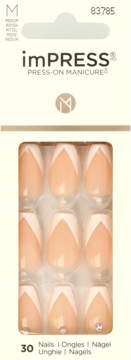 imPRESS Press-On Manicure M, 30 nude paznokci z białym V-tipem i cyrkoniami, w opakowaniu.