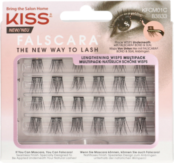 Kiss Falscara Lengthening Wisps Multipack, rzęsy kępki w tacce na różowym tle, do aplikacji pod spodem.