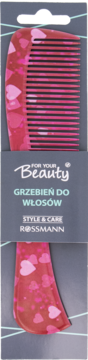 Różowy grzebień do włosów FOR YOUR Beauty Rossmann z wzorem jasnoróżowych serc, w opakowaniu, widok z przodu.