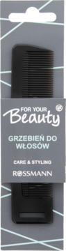 Czarny grzebień do włosów Rossmann, kieszonkowy, w szarym opakowaniu z napisem Beauty, widok z przodu.