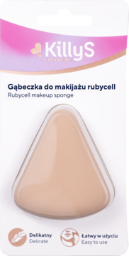 KillyS rubycell makeup sponge w jasnobeżowym kolorze, w trójkątnym kształcie, widoczna w przezroczystym opakowaniu.