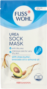Maska do stóp Fusswohl Urea Sock Mask, biała, na suche stopy, z 5% mocznika, masłem shea i olejami. Widok przód.