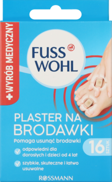 Niebieskie opakowanie Fuss Wohl Plaster na Brodawki, 16 sztuk, z grafiką stóp. Medyczny preparat na kurzajki.