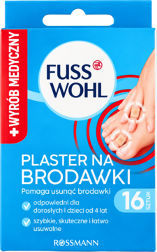 Niebieskie opakowanie Fuss Wohl Plastry na Brodawki Rossmann, 16 szt., z grafiką stopy i plastrami.