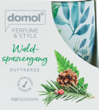 domol Perfume & Style świeca zapachowa "Waldspaziergang", białe pudełko z ilustracją szyszki pinii i igieł.