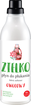 Biała butelka ZIELKO płyn do płukania Owocowy z czarną nakrętką, zielonym napisem i grafiką owoców, przód.