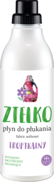 Biała butelka ZIELKO płynu do płukania TROPIKALNY, czarna nakrętka, etykieta z zielonym tekstem i fioletowym kwiatem.