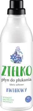 Biała butelka ZIELKO Płyn do płukania KWIATOWY 1000ml, zielone logo, niebieskie kwiaty, widok z przodu.
