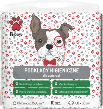 Petino podkłady higieniczne dla zwierząt 60x60cm, z buldogiem francuskim w okularach, chłonne, 10 szt.