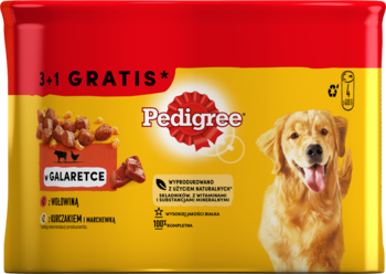 Żółto-czerwona karma Pedigree dla psa z kurczakiem i wołowiną, widok z przodu opakowania z psem i tekstami.