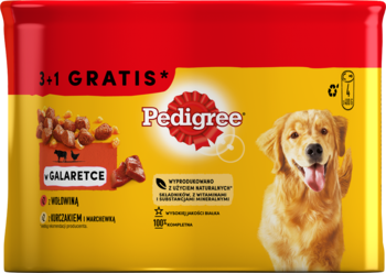 Żółto-czerwona karma Pedigree dla psa z kurczakiem i wołowiną, widok z przodu opakowania z psem i tekstami.