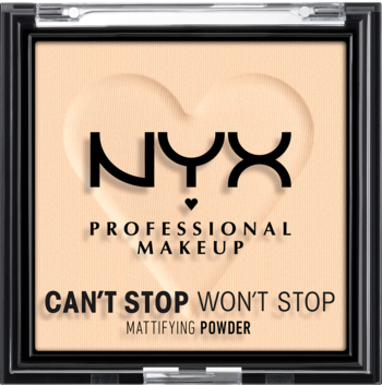 NYX Professional Makeup Can't Stop Won't Stop matujący puder w kamieniu, beżowy, w czarnym kompakcie z sercem.