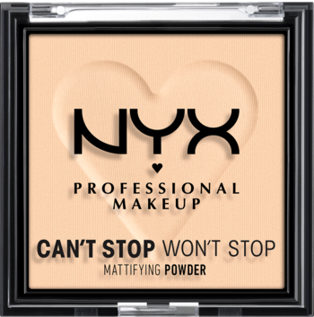 NYX Can't Stop Won't Stop, beżowy puder matujący w czarnej puderniczce z przezroczystym wieczkiem i sercem.