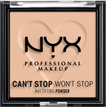 Puder matujący NYX Can't Stop Won't Stop w beżowym kompakcie z sercem i logo NYX, widok z góry.