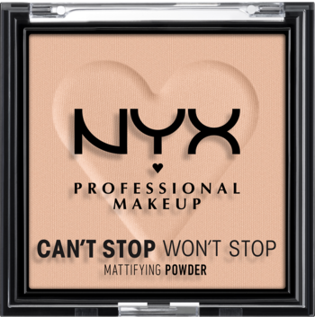 NYX Can't Stop Won't Stop Mattifying Powder w czarnym kompakcie, beżowy puder z sercem, widok z przodu.