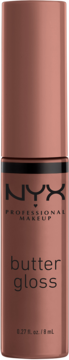 NYX Professional Makeup Butter Gloss w brązowej tubce, widok z przodu. Kultowy błyszczyk w odcieniu nude.