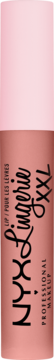Pionowe ujęcie matowej pomadki NYX Lingerie XXL w jasnoróżowo-brązowej tubce z czarnym napisem.