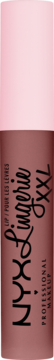 NYX Lingerie XXL, płynna matowa pomadka. Butelka w odcieniu brązowego różu z jasnoróżową nakrętką, widok od frontu.