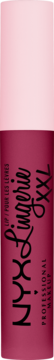Matowa pomadka NYX Lip Lingerie XXL. Dwukolorowa tubka: jasnoróżowa góra, ciemnobordowy dół z logo.
